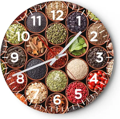 Produktbild von Wanduhr - Rund - Glasuhr - Gewürz Küche - 40x40cm - Schleichendes Uhrwerk - Lautlos - zum Aufhängen bereit - Dekoration Modern - Wanddekoration aus Glas - C4AR40x40-3600