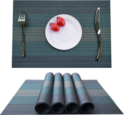 Produktbild von Platzsets (4er Set), Rutschfest Abwaschbar Tischsets,PVC Abgrifffeste Hitzebeständig Platzdeckchen,Schmutzabweisend und Waschbare,Platz-Matten für küche Speisetisch(Blau)