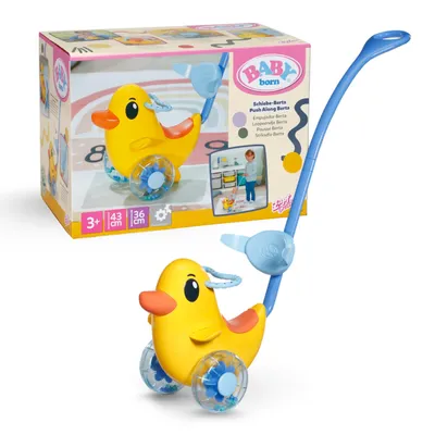 A product shot of a BABY born Schiebe-Berta toy and its packaging.