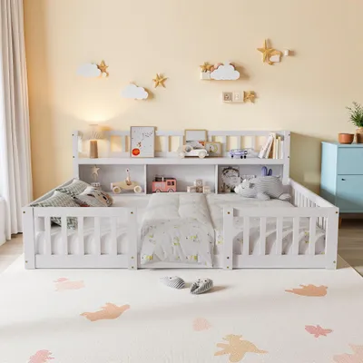 Produktbild von INONEFT Bodenbett 140x200 cm, Montessori Kinderbett mit Rausfallschutz, Kopfende mit Bücherregal Stauraum, Kiefer Massivholz, ohne Matratze, Weiß