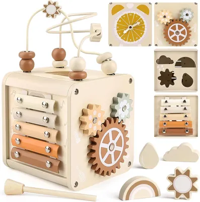 Produktbild von Montessori-Motorikwürfel – Spielzeug für Babys – Motorikspielzeug ab 1 Jahr – Aktivitätszentrum – Holzspielzeug – Aktivitätswürfel