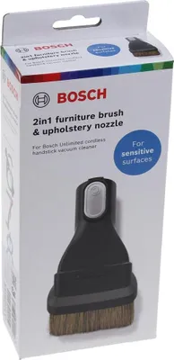 The image shows the retail packaging of a Bosch 2in1 furniture brush and upholstery nozzle.