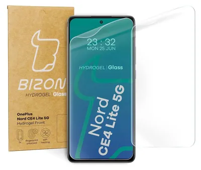 A hydrogel screen protector for a OnePlus Nord CE4 Lite 5G is shown on a smartphone, next to its packaging.
