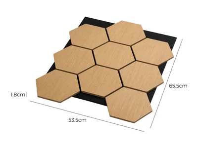 Obrázek produktu pro Fuse akustický dřevěný panel, šestiúhelníkový, nástěnný, rozměry 65,5 x 53,5 x 1,8 cm, imitace přírodního dubu.