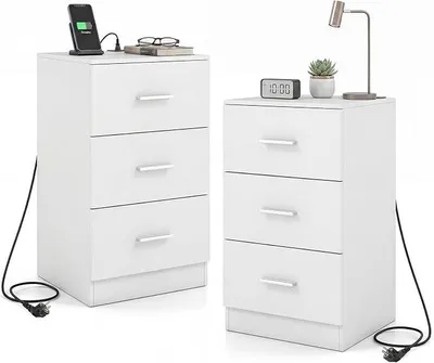 Imagen del producto de Conjunto de 2 mesitas de noche con estación de carga, mesita de noche con 3 cajones y puerto USB, mesita de noche de alto brillo, mesa auxiliar para cama con somier, 38 x 35 x 66 cm (blanco)