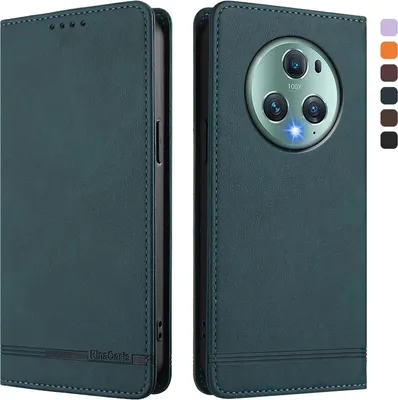 Image de Etui pour Honor Magic5 Pro, étui rétro en cuirPolyuréthaneavec support et fentes pour cartes de crédit Vert