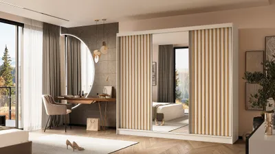Produktbild von ALTDECOR Kleiderschrank mit Spiegel und Schiebetüren, kugelgelagerte Führungsschienen und Aluminium-Leisten - LAMELO - 240 cm - Weiß/Weiß/Artisan