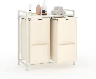Immagine prodotto di Cesto per la biancheria, sacche in tessuto resistente, coperchio in legno robusto, 2 scomparti