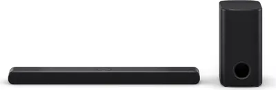 A black soundbar and subwoofer are displayed against a white background.