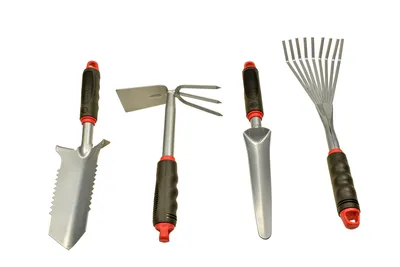 Produktbild von Red Tools Garten-Set 4-tlg. – Multifunktions-Gartenschaufel mit Wurzelsäge, Kombihacke, Pflanzkelle & Handrechen für präzise Gartenarbeiten - Grau