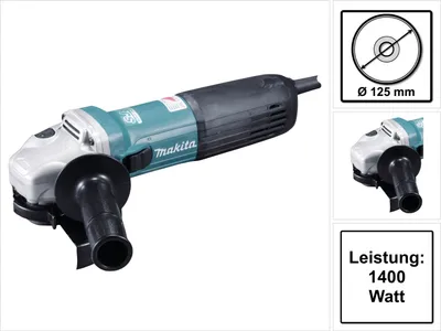 A Makita angle grinder is shown on a white background, with inset images and text detailing its specifications.