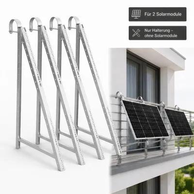 Produktbild von Balkonkraftwerk Halterung für 2 Solarmodule, 4×114 cm Aluminium-PV-Halterung mit 75 mm Haken, 0°–90° verstellbar, für Balkongeländer