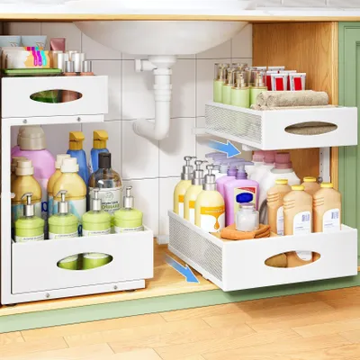 Zdjęcie produktu dla Organizer pod zlewem - 2-poziomowy wysuwany z podkładkami antypoślizgowymi - biały