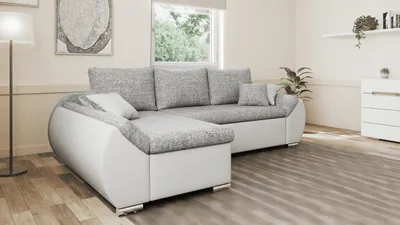 Produktbild von Ecksofa Alex mit Schlaffunktion und Bettkasten – moderne Kombination aus Strukturstoff und Kunstleder, stilvoll & bequem - Links, mit Hocker - Grau + Weiß (Lawa 05 + Soft 17)