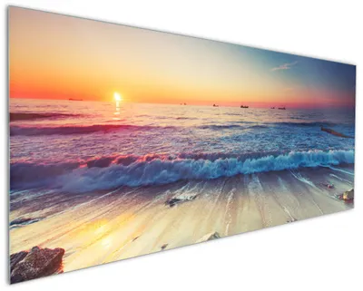 Produktbild von Wallario Küchenrückwand aus Glas, Größe: 125 x 50 cm, Motiv: Sonnenuntergang am Meer mit Wellen am Strand | Spritzschutz | abwischbar | pflegeleicht | in