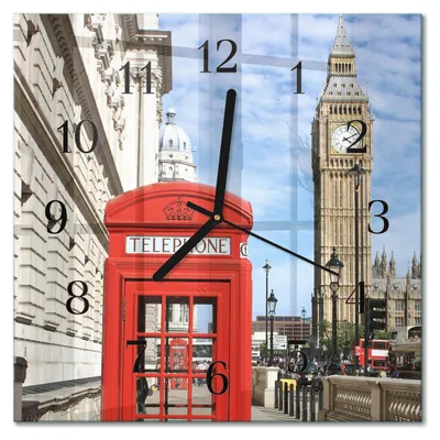 Immagine prodotto di Orologio da parete Tulup Glasuhr, orologio da cucina, vetro vero, 30x30 cm, design moderno e decorativo, silenzioso, con lancette nere - motivo: cabina telefonica rossa