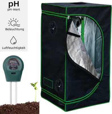 Produktbild von Mucola Gewächshaus inkl. 3 in 1 Feuchtigkeitsmessgerät für Pflanzen Pflanzenzelt Growbox Indoor Pflanzenzelt Zuchtzelt Zuchtschrank Darkroom Frühbeet Schwarz Grün - 100x100x200cm