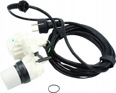 A white electrical component with a black power cord and plug, set against a white background.