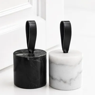 Image de lot de 2 arrêts de porte en marbre avec boucle - noir & blanc - arrêt de porte stylé - Ø 8,5 x 9 cm