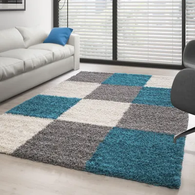 Produktbild von Teppich Wohnzimmer Hochflor Kariert Design Langflor Shaggy Modern Flauschig, Größe: 80 x 250 cm, Farbe: Türkis