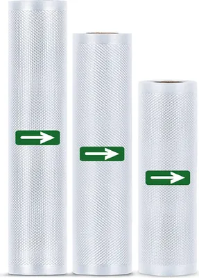 Three rolls of vacuum seal bags of different sizes are displayed vertically against a white background.