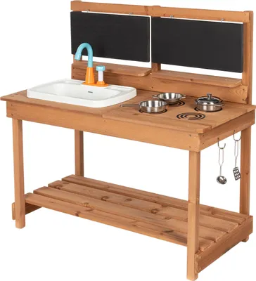Produktbild von ONVAYA® Matschküche Braun Spielzeug-Gartenset »Matschküche aus Holz, Outdoor Spielküche mit Waschbecken und schwarzer Tafel, Inklusive Stauraum in der Kinderküche für Draußen