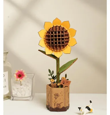 Productafbeelding van 3D houten bloem-puzzel, zonnebloem modelbouwsset voor volwassenen, doe-het-zelf knutselset, eeuwige bloemen
