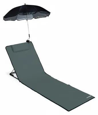 Immagine prodotto di Tappetino da spiaggia Relaxdays, lettino da spiaggia imbottito XXL con ombrellone, regolabile su 3 livelli, cuscino per la testa, trasportabile, antracite