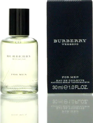 A bottle of Burberry Weekend For Men Eau de Toilette and its packaging are displayed side-by-side against a white background.