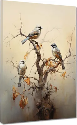 Produktbild von Drei Vögel auf Ästen abstrakt Leinwandbild Wandbild Kunstdruck XL Wanddeko: 90x120x2cm