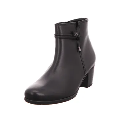 A black leather ankle boot with a block heel is shown against a white background.