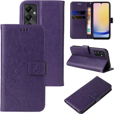A collage of images showing a purple floral butterfly embossed flip case for a Samsung Galaxy A25 5G phone.