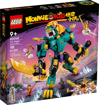 The image shows the retail packaging of a LEGO Monkie Kid toy set, featuring a large robot lion and several minifigures in a dynamic, action-oriented scene.