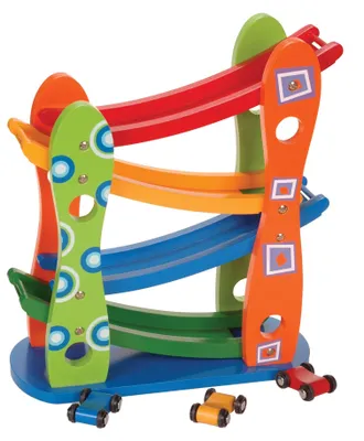 Produktbild von Bayagu Holz-Autorampe für Kinder mit 3 Autos und 4 Ebenen und Motorikspielzeug