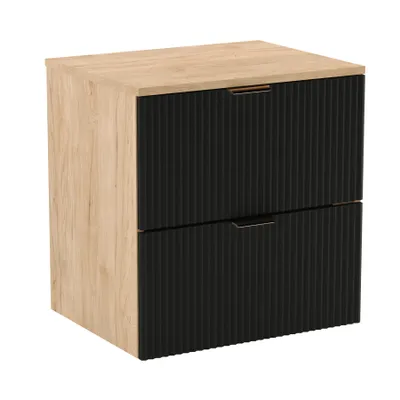 A product shot of a two-drawer nightstand with a wood-tone exterior and black, ribbed drawer fronts.