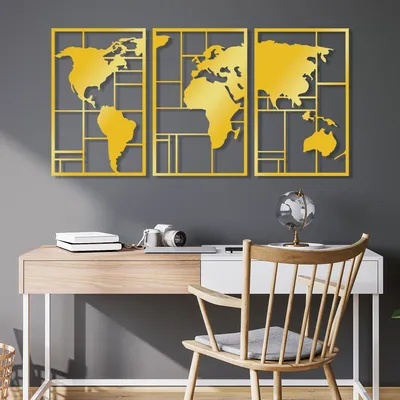 Immagine prodotto di Wallity, Mappamondo triplo dorato, accessorio decorativo da parete in metallo, oro, METALLKÖRPER, 48 x 74 cm