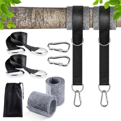 Obrázek produktu pro Ibenzoa® Sada pro uchycení houpačky a sítě – 2 popruhy z polyesteru (158 cm), 2 karabiny z nerezové oceli, ochrana stromu, nosnost až 500 kg