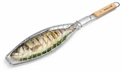 Imagen del producto de Parrilla para pescado - Acero cromado - 66 x 14 cm - Para 1 pescado - Mango de madera