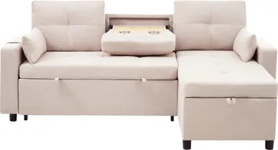 Produktbild von Merax Ecksofa, L-Form Couch Schlafsofa mit Schlaffunktion, Bettkasten, Kissen, Seitentaschen, herunterziehbarem Getränkehalter, Linen Bettsofa, Beige