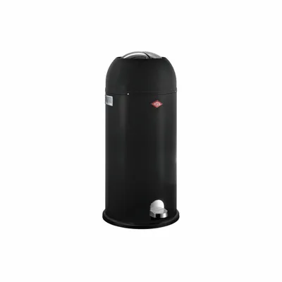 A black pedal bin on a white background.