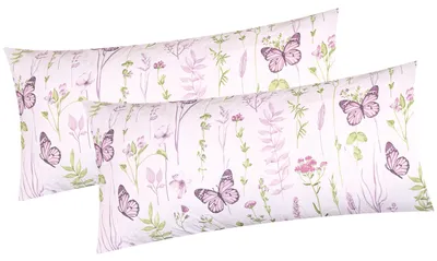 Produktbild von Renforcé Kissenbezug, 2er Set, 40x80cm - Blumen 100% Baumwolle, Reißverschluss, Dekokissenbezug, Kissenhülle (EW-Schmetterling-40x80)