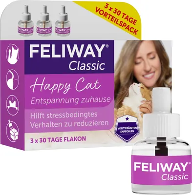 Image de FELIWAY Classic 3x30 jours pack avantage pour vaporisateur de phéromones, 3x48ml - Aide à réduire les signes de stress chez les chats et les chatons, recommandé par les vétérinaires, testé cliniquement