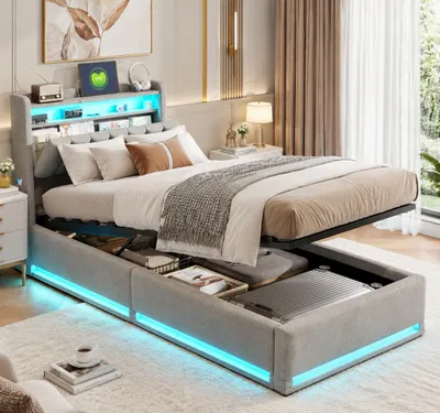 Image de INONEFT, lit capitonné 90 x 200 cm, lit à l'hydraulique avec espace de rangement et sommier à lattes, lit simple avec LED et port USB, lit pour enfant, revêtement en velours, couleur gris, sans matelas