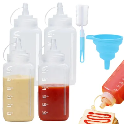 4 Quetschflaschen 600 ml, Dosierflaschen mit Bürste & Trichter