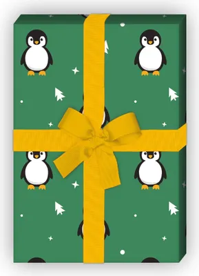 Produktbild von Süßes Weihnachtspapier mit Pinguinen und Weihnachtsbäumen, grün, 32 x 48cm - G9825, 32 x 48cm