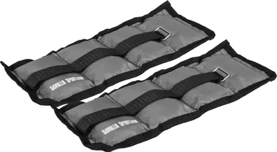 A pair of gray and black weight cuffs for wrists or ankles.
