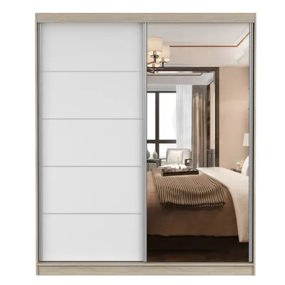 Produktbild von Schwebetürenschrank Kleiderschrank Bella 03, 183 cm, Sonoma/Weiß, mit Spiegel
