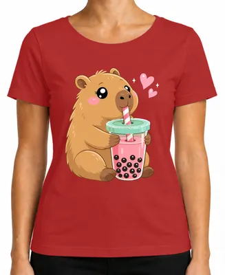Immagine prodotto di Maglietta da donna con stampa "Kawaii Capybara Boba Bubble Tea", stile giapponese anni 2000, con immagine di un carino animale, adatta per appassionati di anime e manga, colore rosso, taglia 3XL