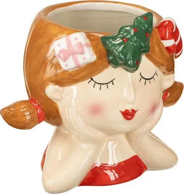 Produktbild von Weihnachtlicher Pflanzkopf aus Keramik Dekofigur Mädchen für Advent