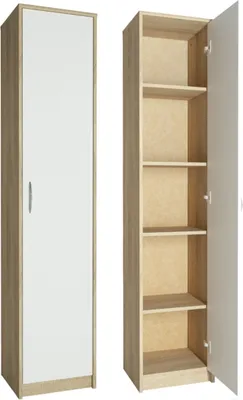 A tall, narrow cabinet shown both closed and open, revealing multiple shelves. The closed view shows a white door with a wooden frame. The open view shows the interior with light wood shelves and a light gray door. The image is split into two side-by-side 